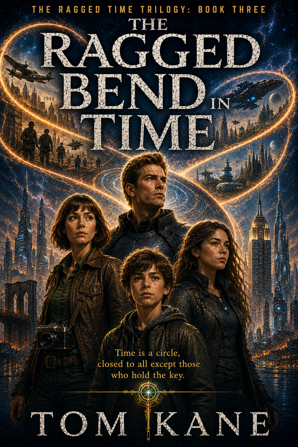Cover of "The Ragged Bend in Time" featuring a boy and three young adults in a mystical setting.
