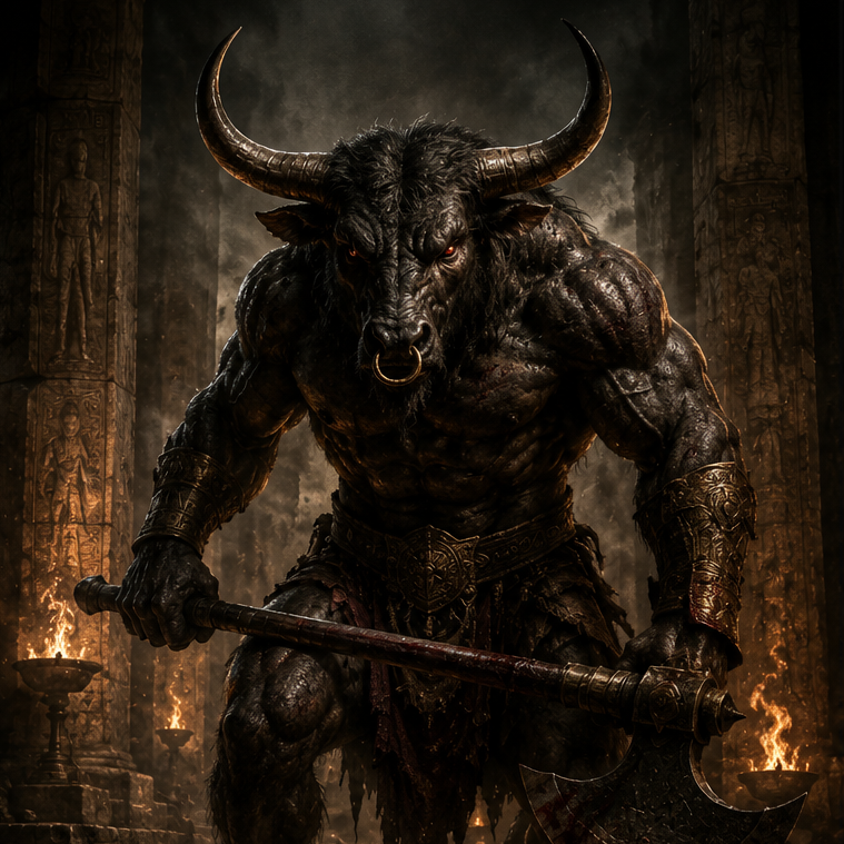 The Demon Minotaur Horned Minotaur inside an ancient tomb in The Demon Terror