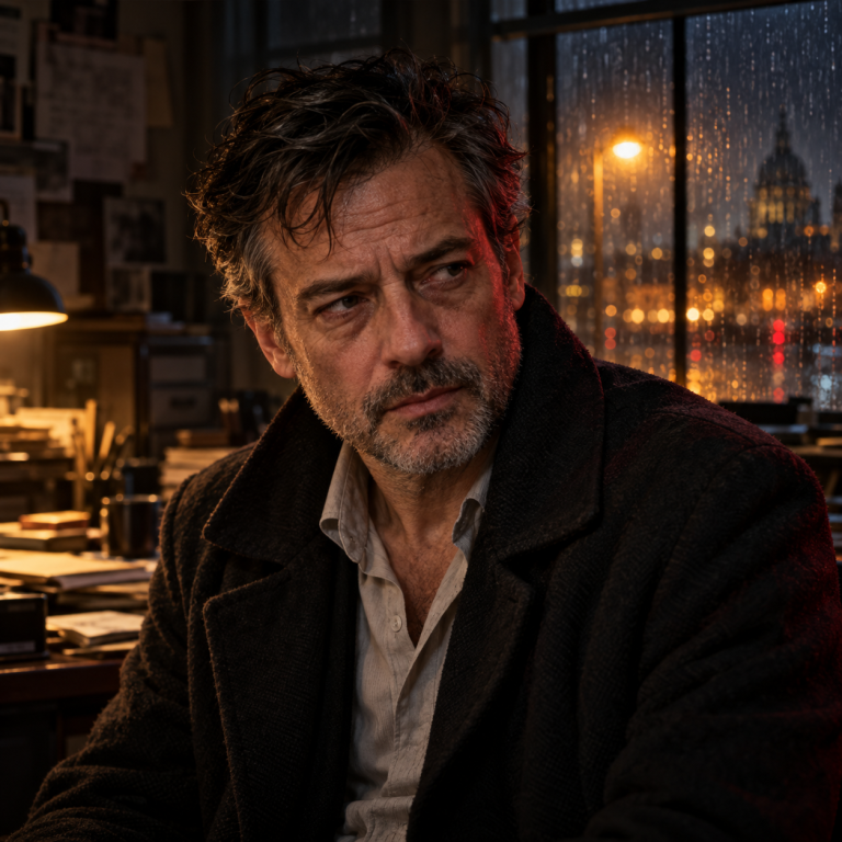 Ed Brank private investigator in Red*Door Portrait of Ed Brank in his rain-darkened London office