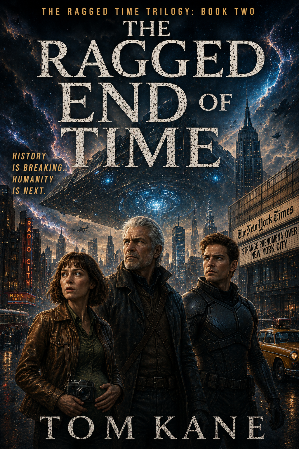 Cover of "The Ragged End of Time" featuring three characters in a cityscape.