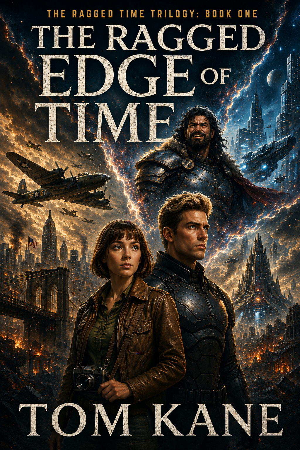 A book cover featuring a man and woman against a dramatic background with planes and lightning.