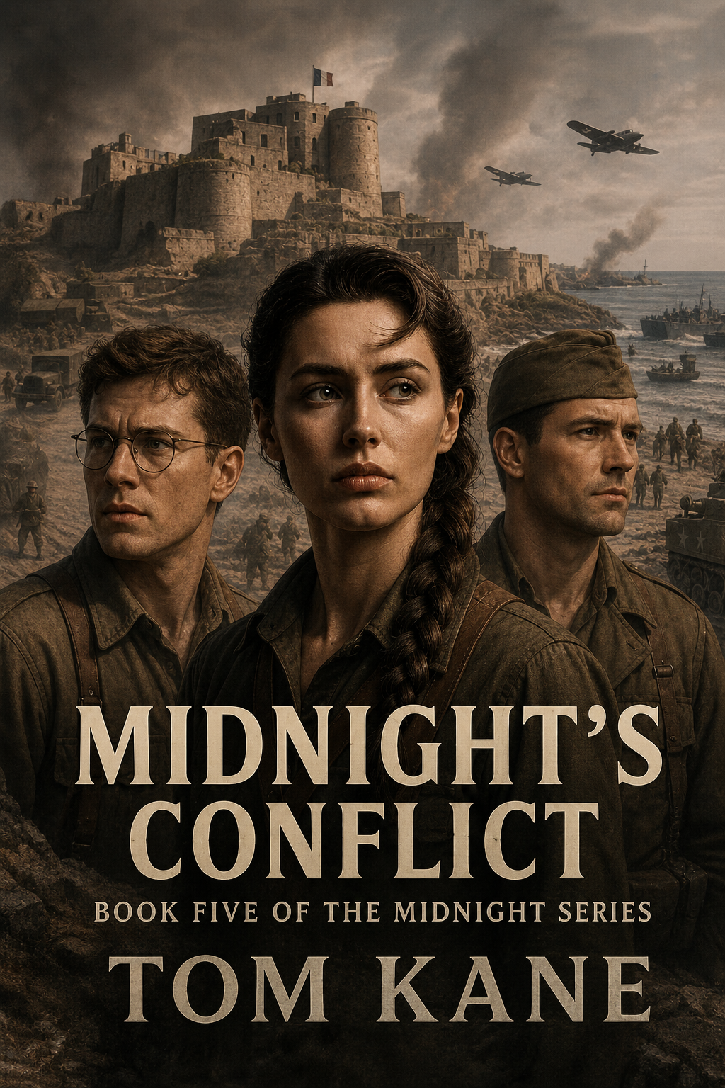 Three characters in a dramatic war setting, with a castle and stormy sky in the background.