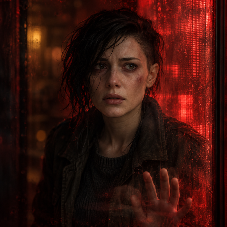 Elise Vale missing woman in Red*Door Elise Vale presses a hand against glass lit by a red screen