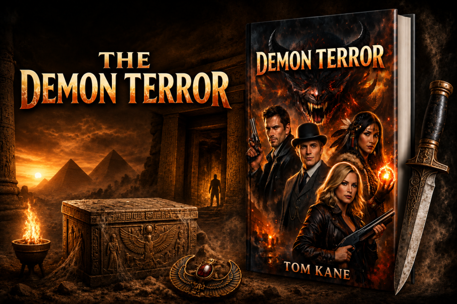 The Demon Terror opening banner The Demon Terror book beside an ancient Egyptian tomb, carved casket and ceremonial dagger