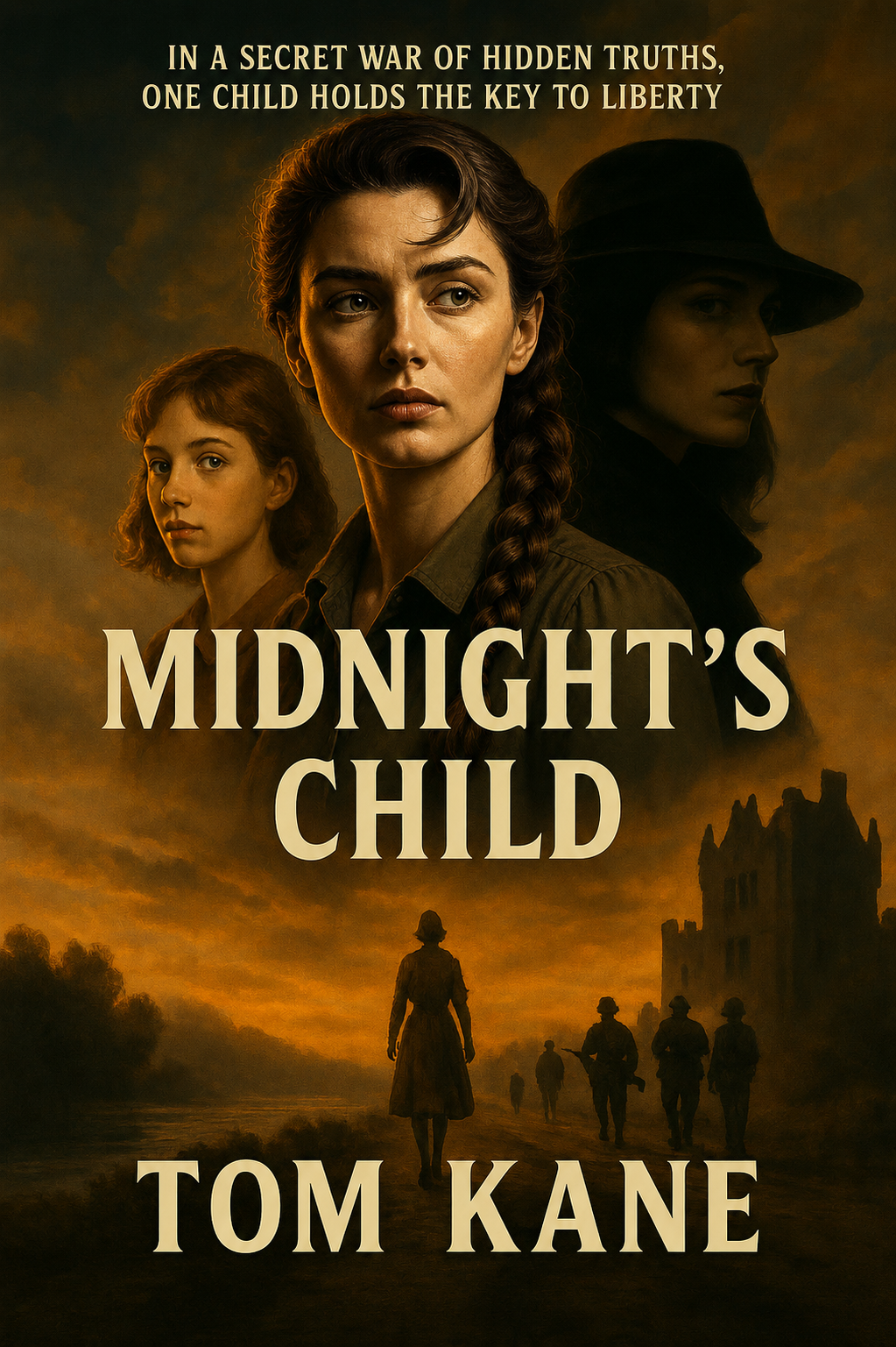 Book cover for "Midnight's Child" by Tom Kane, featuring a young woman and shadowy figures.