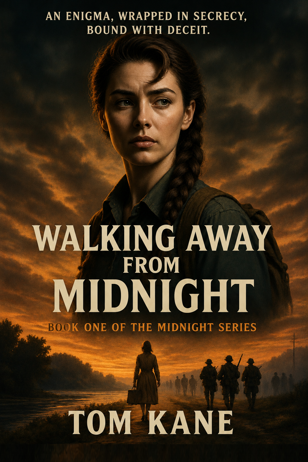 Book 1 of the Midnight Series A woman stands against a dramatic sunset, with three figures in the background.
